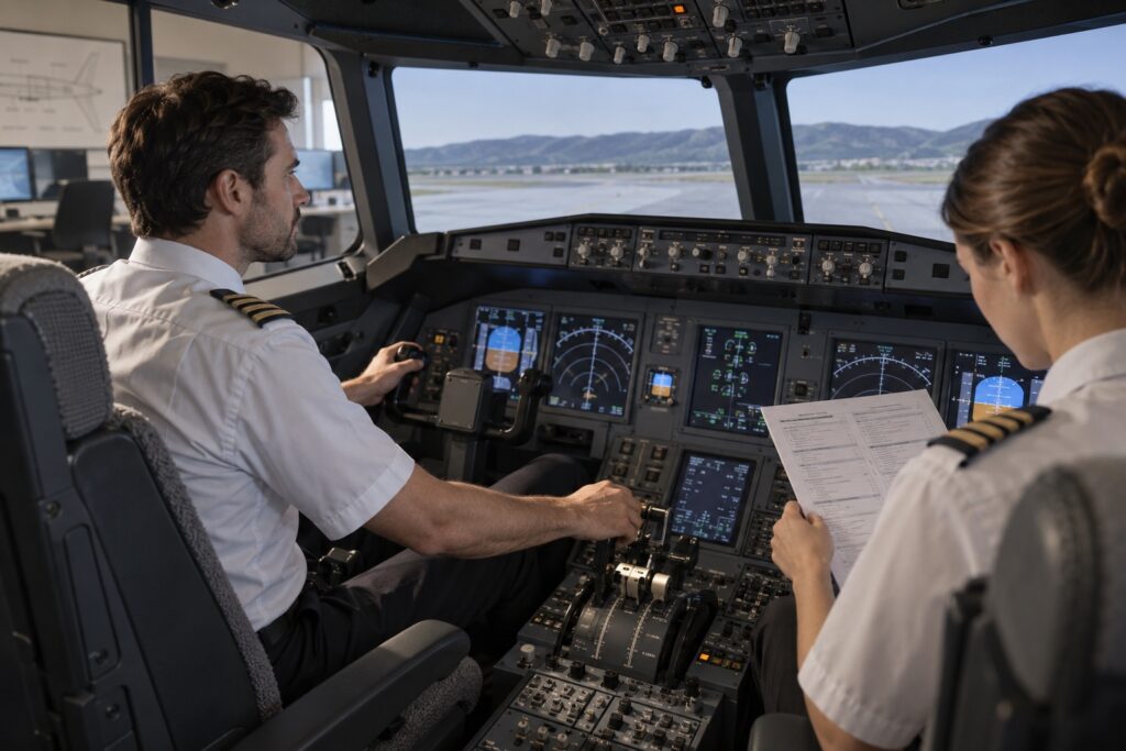 Dos pilotos practican el manejo manual de una cabina de simulación con una lista de procedimientos en papel.