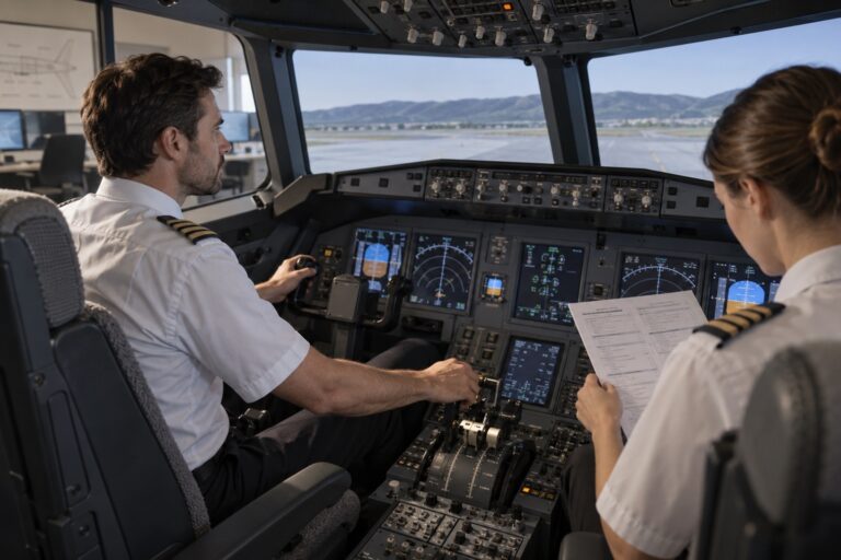 Dos pilotos practican el manejo manual de una cabina de simulación con una lista de procedimientos en papel.