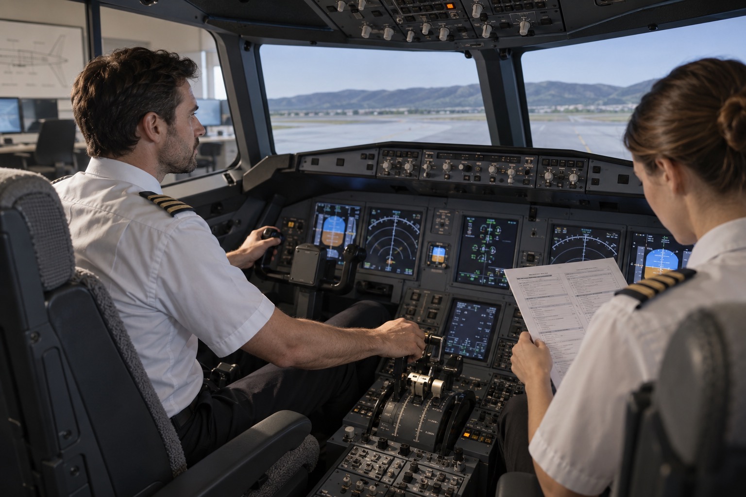 Dos pilotos practican el manejo manual de una cabina de simulación con una lista de procedimientos en papel.