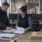 Dos profesionales revisan una carpeta de procedimientos y formularios impresos en un almacén, junto a varios monitores apagados.