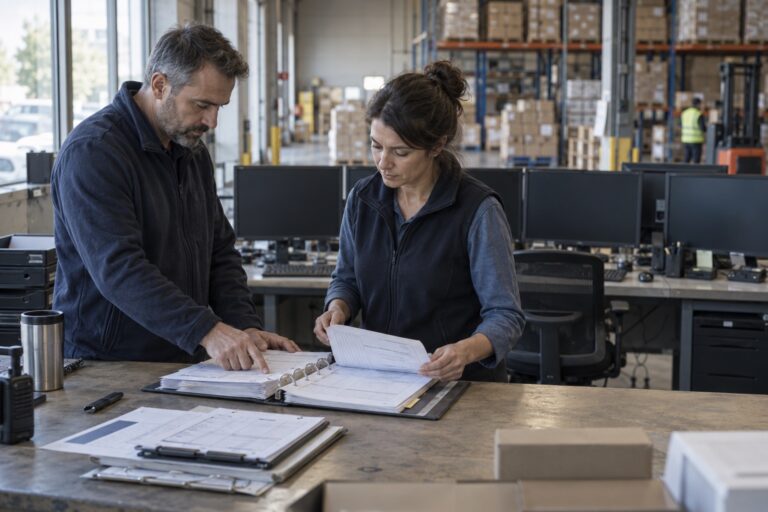 Dos profesionales revisan una carpeta de procedimientos y formularios impresos en un almacén, junto a varios monitores apagados.