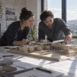 Dos arquitectos examinan una maqueta de edificio junto a una ventana y estudian la luz y sus sombras.