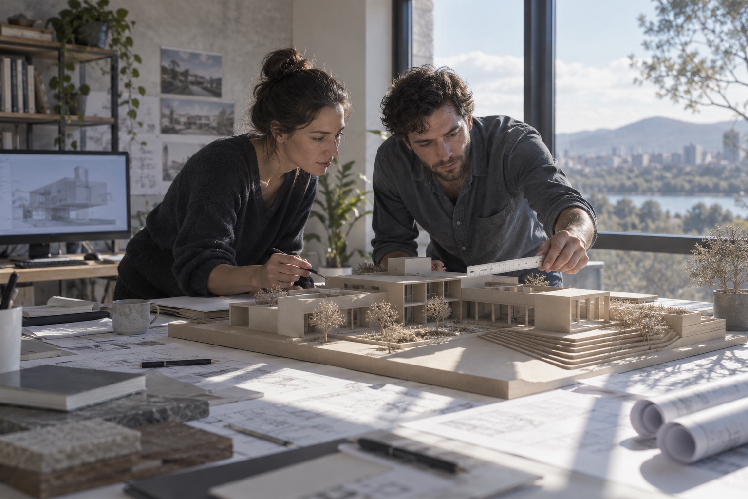 Dos arquitectos examinan una maqueta de edificio junto a una ventana y estudian la luz y sus sombras.