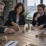 Equipo de gobierno delimita con una cuerda las piezas de una maqueta sobre las que mantiene su decisión.