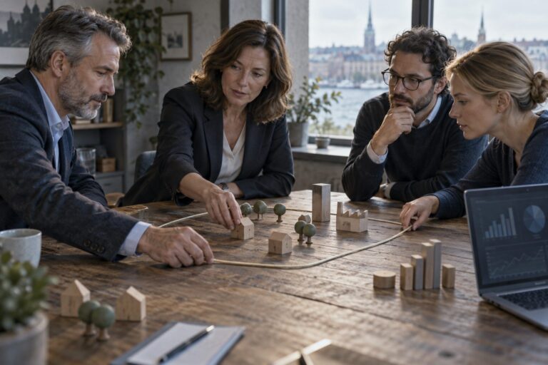 Equipo de gobierno delimita con una cuerda las piezas de una maqueta sobre las que mantiene su decisión.